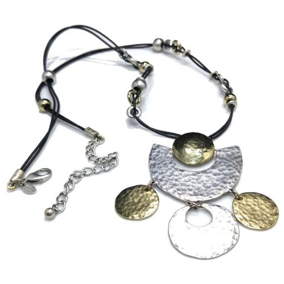 Chico's Long Gold Silver Hammered Pendant Necklace, Black Leather Cords, 35 Inch - Picture 9 of 11